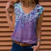 女性用Tシャツの女性カジュアルVネックノースリーブTシャツ2022春の夏フラワープリントベストトッププルオーバーレディスリムストリートウェアTシャツMU