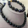 本物の自然な9-10mm黒い淡水真珠のネックレスセット18 ''