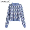 Kpytomoa Women Fashion with Ribbed Trims Jacquard 니트 스웨터 빈티지 O 목이 긴 소매 여성 풀오버 세련된 탑 201222