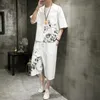 Agasalhos masculinos estilo chinês verão estampa étnica shorts manga curta camiseta terno masculino tamanho grande solto casual hanfu masculino