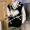 Kazak yelek erkekler vneck kalp baskısı gevşek harajuku knittwear jumperlar hiphop vintage kolsuz bahar sonbahar tanktops chic 220817