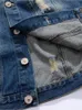 Herrjackor man smal denim jacka bomull nit punk hål frayed plus size lokomotive coat blå fast färg kausal retro mans kläd