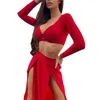 Costumi da bagno da donna 2022 Set di vestiti in due pezzi Copricostume da donna Tinta unita Scollo a V profondo Manica lunga Crop Top e costume da bagno con spacco