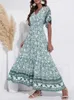 Atuendo Summer Bohemian Dress for Women Fashion Solid Green Maxi Robe Casual Wedding Guest High midjeklänningar Drop Link 220510