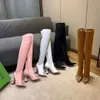 2022 Amina Muadi Boots Women Over Knee Boot Pointed Fashion High Heels Bow Tie Black Desert Boots Winter Wedding Dress Shoes With Box NO389