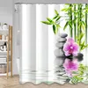 シャワーカーテン緑の竹の禅セットスパ石とランの花の花ポリエステル生地バスカーテンフック付きバスルーム装飾