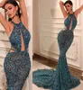 2022 Plus Size Arabo Aso Ebi Blu Navy Sirena Abiti da ballo Paillettes Pizzo Sera Formale Festa Secondo Ricevimento Compleanno Fidanzamento Abiti da damigella d'onore Abito ZJ446