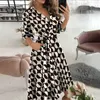 Kobiety V-Neck Sexy Dresses Elegancki Z Długim Rękawem Lace Up Wrap Midi Dress 2022 Lato Biuro Lady Party Vestidos 220317