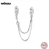 WOSTU 100% 925 Sterling Silver Silicon Catena di Sicurezza di Fascino Misura Il Braccialetto Originale Del Pendente Zircone Argento Gioielli Semplici CQC1419