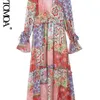 Kobiety moda z wiązaną drukowaną potarkowaną sukienką midi vintage długi rękaw z podszewką sukienki żeńskie vestidos Mujer 220526