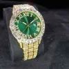 Missfox Luxury Brand Watch Man's Green Round Dial Men Gold Watch Big Diamnd Buzel Calendário Stainls Aço Top Watch Masculino