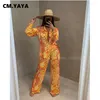 CM.YAYA Autumn Winter Peacock Women's Set Button Up Blouse Shirt Tops and Pants Elegant Tracksuit Two Piece Fitness Outfits 220315