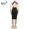 Mulheres Qili Vestido sexy de festa sem mangas diamantes backless es preto veja através de malha bodycon plus size 220613