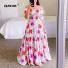 Sexig utanför axelrörets toppklänning Butterfly Rainbow Floral Print Dress Ladies Elegant Slim Summer Bohemian Party Maxi Dresses 220601