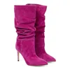 New Lady Sheepskin camurça 2024 botas de couro estiletto salto alto cavaleiro plissado de meia torno