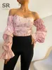 Singreiny Koreaanse strapless bloemen blouse elastische ruches slanke lange mouw tops vrouwen sexy off schouder korte blouses herfst 220615