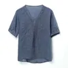 Linnen kant vrouwen vintage dunne shirts tops v-hals half mouw blouses zomer knop chinese stijl losse trui shirts 220408