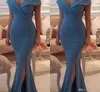 Dark Blue Mermiad Long Prom Dresses Sexy V-hals met Button High Side Split Formele Avond Feestjurken Goedkope Nieuwe Robe de Soiree