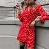 Sıradan elbiseler Sonbahar Kadınlar Zarif Parti Elbise Moda Polka Dot Dantel-Up fırfır mini Seksi V Boyun Sarısı Uzun Kollu Vestidos