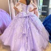 Lila Quinceanera prom jurken glitter 3D bloem zoet verjaardagsfeestje Vestidos de 15 anos van de schouderprinses optheantjurk