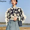 Neploe Lace Fungus Patchwork Mujer Camisas Flower Stand Collar Blusas de manga larga Moda Hollow Out Tops femeninos 210226