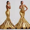 Sexy High Neck Gold Velvet Mermaid Prom Dresses Backless Court Train See Through Lace Applique Evening Formal Gowns PRO232