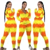 Frauen Zweiteilige Hosen 2022 Großhandel Produkt Kontrast Farbe Gestreiften Patchwork Reißverschluss Hohe Taille Dünne Bleistift Hose Sexy Fitness Frauen Sets