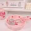 Geschirr-Sets Erdbeerschale Kawaii Mädchen Herz Salat Keramik Home Frühstück Dessert mit Löffel Gabel Rosa KüchengeschirrDinnerware