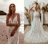 Spaghetti Rands Beach Wedding Dresses Summer Holiday V-Neck Open Back Sweep Train Lace Bohemian Boho Bridal klänningar