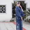 Kobiety Ubranie etniczne Tradycyjny japoński strój niebieski kimono elegancka sukienka w dekolcie vintage Yukata National Trendy Azjatyckie kostiumy