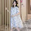 Spring Maternity Chiffon Dress Fashion Printing Kort ärmar Vneck Gravid kvinna Floralklänning med foder Blue Yellow J220628