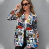 Kadınlar Suits Blazers Vintage Düzensiz Tek Düğme Baskı Blazer Kadın Ceket Autnmn Moda Zarif Lady Uzun Kollu Ceket Femme
