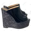 Rontic New Handmade Mulheres Mules Sandálias Unisex Glitter Wedges Heels Operado Aberto Black Party Shoes Tamanho 5-20