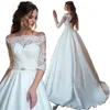 Princesa vestido de noiva cetim laço fora do ombro meia manevas noiva vestidos de lace up back ball vestido vestido de novia