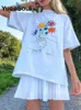 Sweet Floral Print Women's T-shirt Grafisk kort ärm O Neck Loose Overized T-shirt Y2K Casual Street E Girl Summer Tops 220719