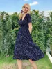 Elegant geprinte casual strand Midi -jurken vrouwen zomer v nek korte mouw imperium taille een lijn jurk Sundress vestido gewaden 9966 220613