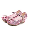 Princess Kids Leather for Flower Casual Glitter Kids High Heel Girls Shoes Knot Blue Pink Silver 220615