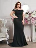 Black Lace Mermaid Plus Size Prom -klänningar för speciellt tillfälle utanför axelhalsens kvällsklänningar Soptåg Appliced ​​Formal Dress