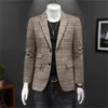 2022 Spring New Tops Youth Men039S Plaid Suit Business Casual Slim Onepiece Longleeved Sullle Color Noniron Coat2201029