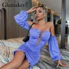 Glamaker Purple off shoulder sexy bodycon fold mini dress Party ruffles lace up slim dinner vestidos Lantern sleeve 220524