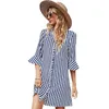 Party Dresses Summer Fashion Women's Single-Breasted Striped Straight Mini Dress Casual Lady Lapel Half Sleeve Loose Shirt DressParty