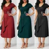 Plus Size Eleganckie kobiety Sukienka Solid Color Krótki Rękaw V Neck Asymetryczny Hem Waist Tight Midi Party Dress Damska Vestidos