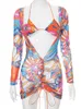 In-X Print bikini Long sleeves swimwear female Drawstring swimsuit women's swimming Brazilian bathing Sexy summer 220408