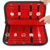 Watch Boxes & Cases BLACK LEATHER 20 SLOT ZIPPER CASE STORAGE BOX ORGANIZER RED INTERIOR