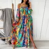 Impressão elegante vestido de noite grande swing mulher sexy pescoço boho maxi senhoras primavera no verão de moda 220613