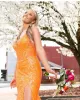 Orange Prom Dresses with Spaghetti Straps Full Lace Mermaid Side Slit Custom Made Plus Size Celebrity Party Ball Gown Formal Evening Wear Vestido