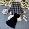 Ly Varey Lin Summer Autumn Casual Two Piece Set Long Sleeve Plaid Gray Overcoats Spaghetti Strap Slim Black Dress 220509