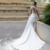 New Arrival Lace High Neck Satin Mermaid Wedding Dresses With Poet Long Sleeves Illusion Bodice See Through Beach Bridal Wedding Gown