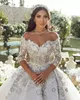 2023 Robes de mariée de luxe robe de bal sexy col en V manches longues dentelle fleur appliques paillettes perlées longueur de plancher volants sur mesure robe de mariée