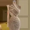 Exquisite Champagne Illusion Prom Dresses One Shoulder Sequined Evening Dress Custom Made See Through Flowers Women Formal Celebrity Party Gown
